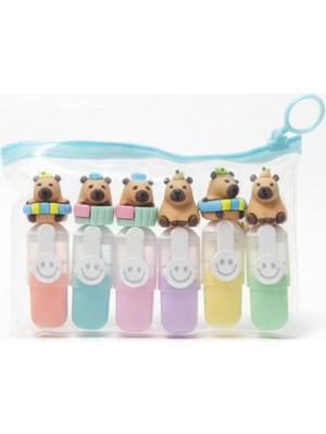 Gökyüzü Işığı Sevimli Mini Fosforlu Keçeli Kalem-6lı Set-Mini Ayıcık BAŞLIKLI-FOSFOR02