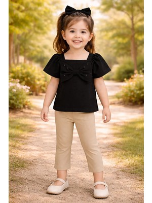 Almira Anne Bebek Kız Çocuk Fiyonk Detaylı Siyah Kısa Kollu Tişört ve Tayt Takımı