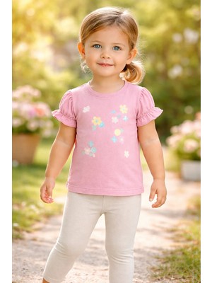 Almira Anne Bebek Kız Çocuk Çiçek Baskılı Simli Kısa Kollu Tişört ve Tayt Takımı