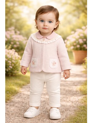 Almira Anne Bebek Kız Bebek Çiçek Cep Detaylı Yelek Gömlek Pantolon Takımı