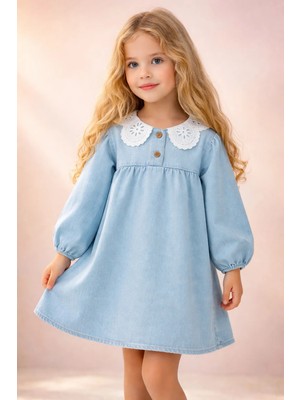 Almira Anne Bebek Kız Çocuk Kot Elbise Yazlık Düğmeli Yakalı Mavi Renk