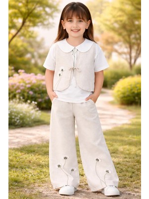 Almira Anne Bebek Kız Çocuk Çiçek Nakışlı Keten Bağcıklı Yelek ve Bol Paça Pantolon Takım