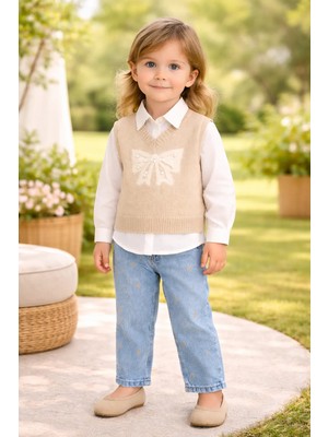 Almira Anne Bebek Kız Çocuk Taş Işlemeli Triko Süveter Gömlek Kot Pantolon Takım