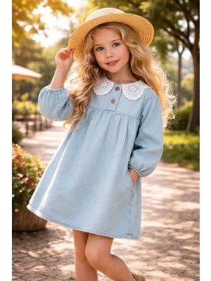 Almira Anne Bebek Kız Çocuk Elbise Yazlık Mavi Dantel Yakalı Düğmeli