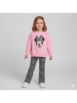 Almira Anne Bebek Kız Çocuk Uzun Kollu Takım Pembe Minnie Baskı Leopar Desenli