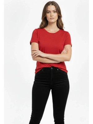 Moda Loris T-Shirt Bisiklet Yaka Slim Fit Likralı Tişört Günlük Basic Body - Kırmızı