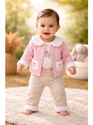Almira Anne Bebek Kız Bebek Wafle Kumaş Cep Detaylı 3 Parça Ceket Takımı