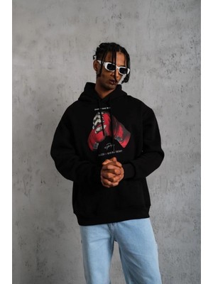 Marsilyan Eldiven Baskılı Kapüşonlu Sweat - Siyah -