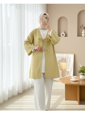 Modamorfo Önü Çift Bağcıklı Petek Desen Kimono -Yağ Yeşili