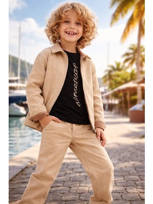 Almira Anne Bebek Erkek Çocuk Yazlık Keten Takım Krem Renkli Kısa Kollu Seti