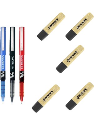 Pilot V5 Hi-Tecpoint Iğne Uçlu Roller Kalem Mavi Siyah Kırmızı 3 Adet + Penmark Fosforlu Kalem Metalik Simli Gold 5 Adet