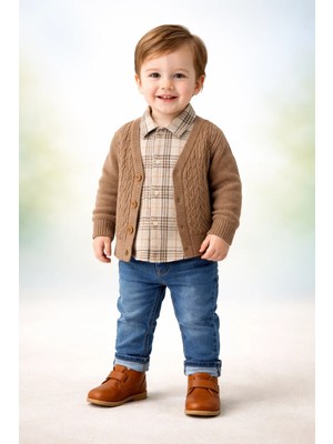 Almira Anne Bebek Mevsimlik Erkek Bebek Takımı Krem Renkli Kot Gömlek ve Hırka Seti