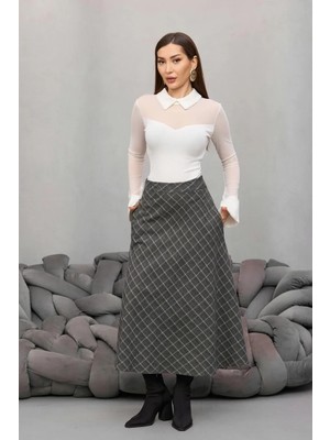 Ecenin Favorileri Gri Yüksek Bel Ekoseli Balık Etek