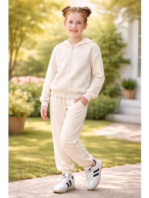 Almira Anne Bebek Kız Çocuk Tüllü Çiçek Nakışlı Kapşonlu Fermuarlı Eşofman Takımı