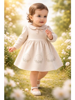 Almira Anne Bebek Krem Renkli Kız Bebek Elbisesi - Çiçek Nakışlı Uzun Kollu