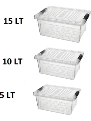 Qs Plastik Depolama Saklama Kutusu Düzenleyici Kilitli Saklama Kabı Seti 5-10-15 Lt Şeffaf