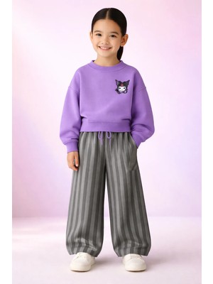 Almira Anne Bebek Kız Çocuk Mor Kuromi Baskılı Çizgili Takım Yazlık Spor Giysi