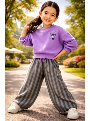 Almira Anne Bebek Kız Çocuk Mor Kuromi Baskılı Çizgili Takım Günlük Kullanım Için