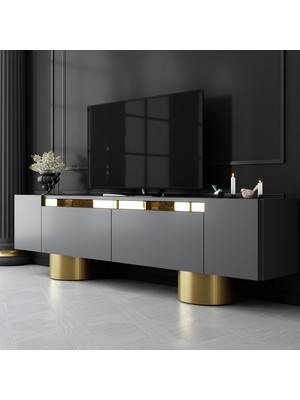 Modatte Mobilya MODATTE Bohem Gold Demir Ayaklı Antrasit Tv Ünitesi Tv Sehpası