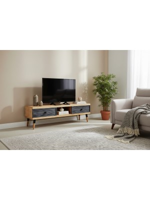 Mobenta Stria Tv, Doğal Masif Ahşap Tv Ünitesi 2 Çekmeceli 1 Raflı - 120 cm Bz An