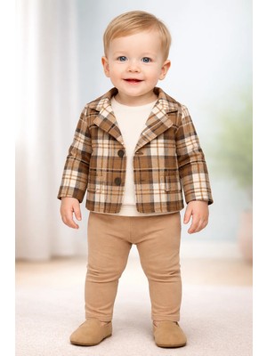 Almira Anne Bebek Kışlık Erkek Bebek Takım Seti Ekose Ceket ve Pantolon