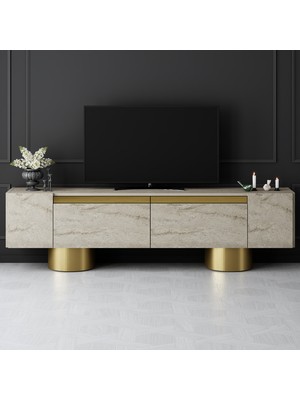 Modatte Mobilya MODATTE Bohem Gold Demir Ayaklı Beyaz Tv Ünitesi Tv Sehpası
