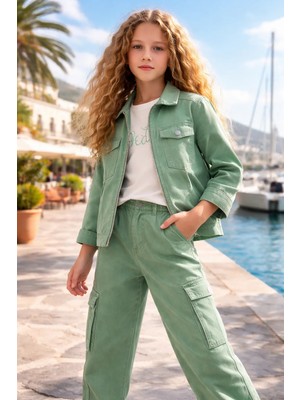 Almira Anne Bebek Kız Çocuk Kot Takım Yeşil Fermuarlı Ceket Kısa Kollu Tişört