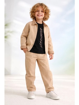 Almira Anne Bebek Yazlık Erkek Çocuk Takım Krem Renkli Keten Kısa Kollu Üç Parça Seti