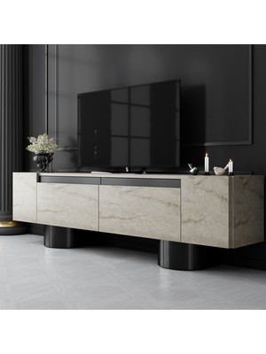 Modatte Mobilya MODATTE Bohem Siyah Demir Ayaklı Traverten Tv Ünitesi Tv Sehpası