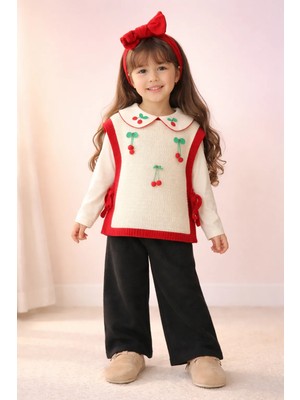 Almira Anne Bebek Kız Çocuk Triko Takım Yandan Bağçıklı Kiraz Desenli Krem Renkli