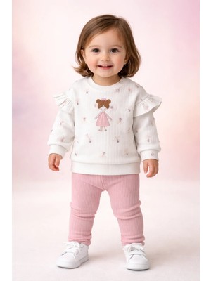 Almira Anne Bebek Bebek Kız Için Pamuklu Uzun Kollu Takım Krem Renkli Prenses Detaylı