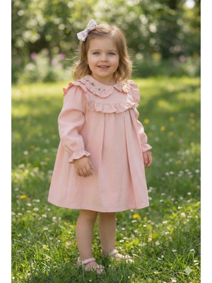Almira Anne Bebek Kız Bebek Yakası Çiçek Nakışlı Kol Uçları Fırfırlı Elbise