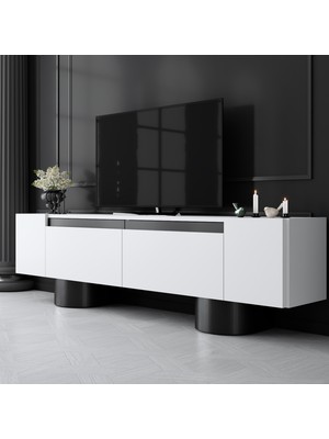 Modatte Mobilya MODATTE Bohem Siyah Demir Ayaklı Beyaz Tv Ünitesi Tv Sehpası