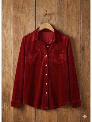 Bet's  Kadın Uzun Kollu Yakalı Önden Düğmeli Cep Detaylı Kadife Gömlek