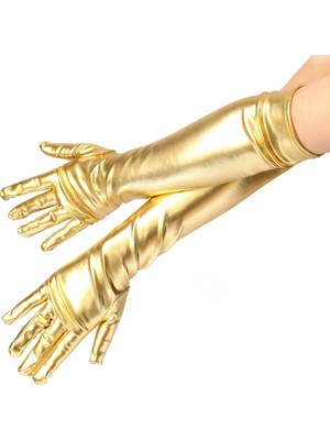 Marsilyan Altın Renk Dirsek Altı Lüks Saten Eldiven 40 cm
