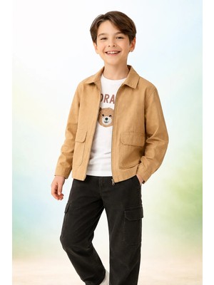 Almira Anne Bebek Çocuk Erkek Krem Keten Kot Ceket ve Tişört Takımı