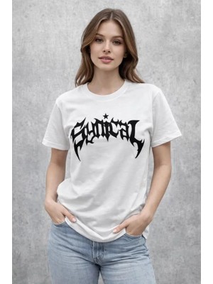 Sidelya Concept Bisiklet Yaka Ön Baskılı Kısa Kollu Tişört Streetwear Günlük Basic Pamuklu T-Shirt - Beyaz