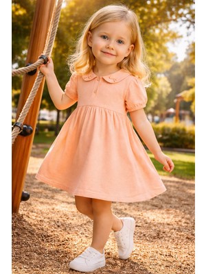 Almira Anne Bebek Yazlık Kız Çocuk Elbise Turuncu Boncuk Detaylı Bebe Yaka
