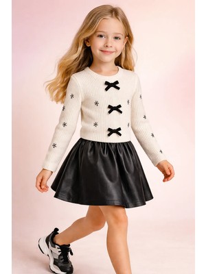 Almira Anne Bebek Kız Çocuk Kışlık Deri Etekli Takım Uzun Kollu Renkli Günlük Giyim