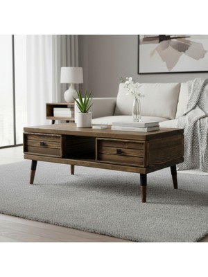 Mobenta Stria Brew, Modern Doğal Masif Orta Sehpa, 2 Çekmeceli - 60X110 Cv