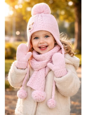 Almira Anne Bebek Bebek Yünlü Atkı Bere Eldiven Seti Pembe Renkli Güvenilir ve Rahat Giyim