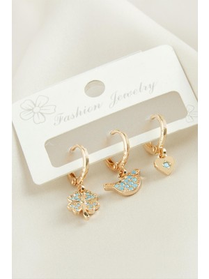 Zero Land Hnrlishp 3 Adet Yonca Zirkon Taşlı Küpe-Sarı