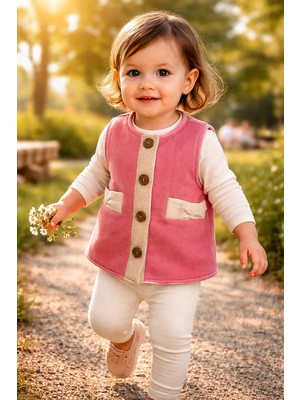 Almira Anne Bebek Bebek Yelek Gül Kurusu Renkli Fermuarlı ve Ahşap Düğmeli