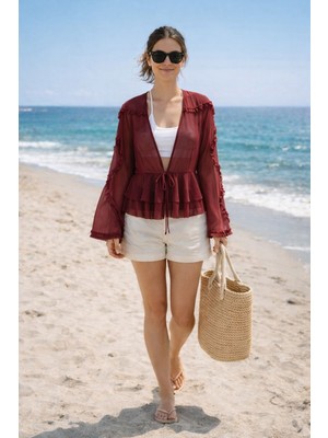U&me Kadın Önden Bağlamalı Fırfır Detaylı Katlı Volanlı Tül Plaj Gömleği Şık Transparan Kadın Bluz Bordo