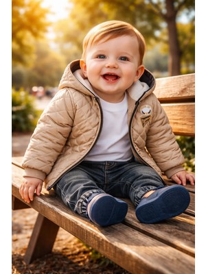 Almira Anne Bebek Bebek Erkek Takım Kışlık Kapşonlu Mont ve Kot Pantolonlu 3 Parça