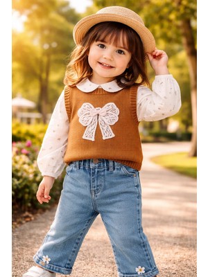 Almira Anne Bebek Bebek Kız Takım Seti Krem Renkli Çiçekli Gömlek ve Kot Pantolon