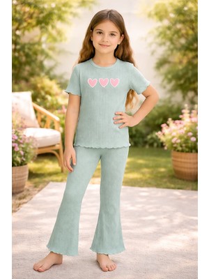 Almira Anne Bebek Kız Çocuk Kalp Baskılı Mint Yeşili Fitilli Kısa Kollu Takım