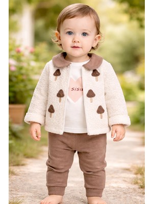 Almira Anne Bebek Kız Bebek Mantar Baskılı Welsoft Ceketli 3 Parça Takım
