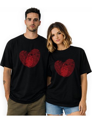 Kidilia Parmak Izi Kalp Görselli Unisex Bisiklet Yaka Tasarım Tshirt - Beden: Lrenk: Siyah