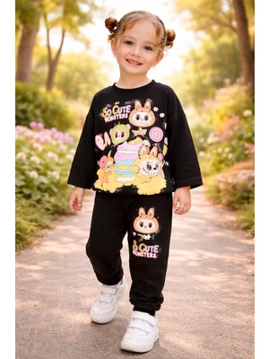 Almira Anne Bebek Kız Çocuk Siyah Monster Desenli Takım 3-10 Yaş